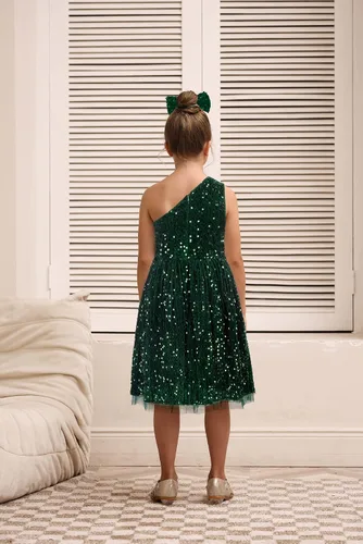 Miniatura 5 de GRACE KARIN Vestido de lentejuelas para niñas, vestido de fiesta de boda de un hombro con lazo para el pelo, 5-12 años