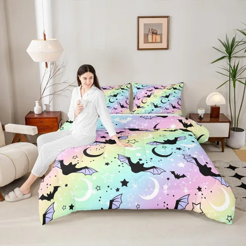 Miniatura 2 de Erosebridal Juego de edredón de murciélago tamaño Queen para niños y niñas, juego de ropa de cama con degradado de arco iris, juego de edredón Multi