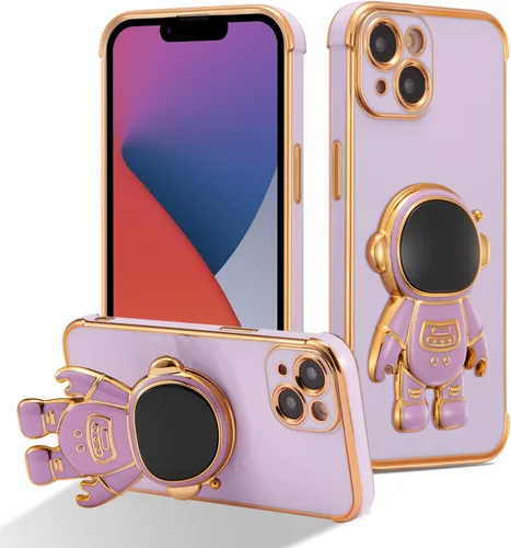 Miniatura 31 de RALEAVO Funda para iPhone 13, bonita funda de astronauta 6D con función de soporte, cubierta de enchapado de lujo, ajuste delgado, TPU suave, Púrpura