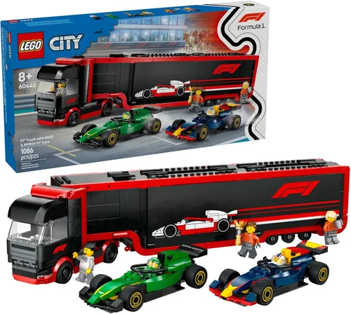 LEGO Camión City F1 con juguetes de auto RB20 y AMR24 F1, modelo de juguete de construcción de automóviles para niños, niños y niñas, a partir de 8