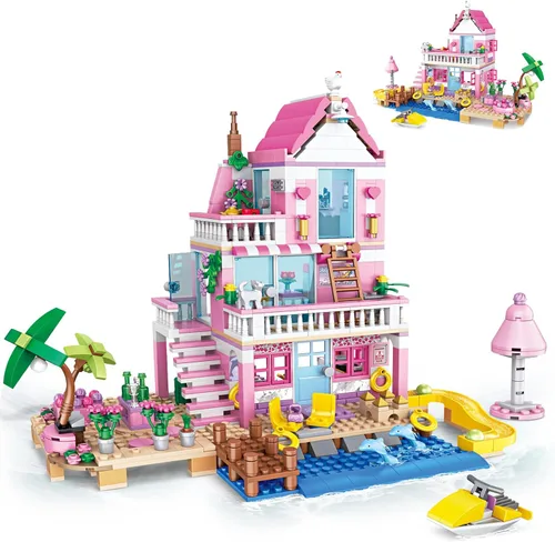 Pink Girls Seaside Beach Villa Friends - Juego de construcción compatible con Lego Friends, juguete educativo para niños de 8 a 12 años en adelante,