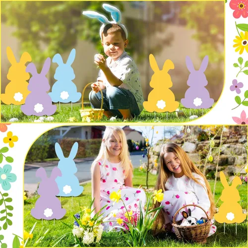 Miniatura 4 de Beeveer 12 letreros de Pascua con estacas para patio al aire libre, conejo, césped, coloridos conejos, decoración de estacas de jardín