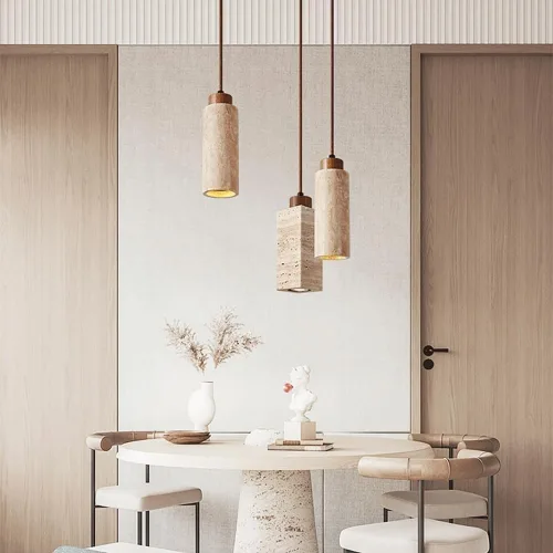 Miniatura 2 de Long Tube Stone Pendant Light Japanese Retro Bedside Hanging Lamp E27 Lighting Fixtures Natural Yellow Travertine Chandelier Industrial Flute