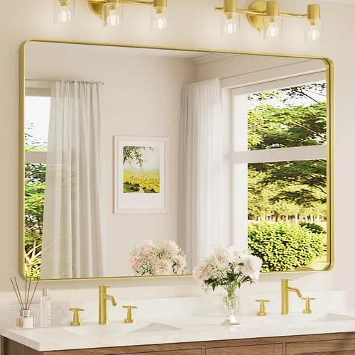 Miniatura 85 de TETOTE Espejo de marco dorado cepillado de 16 x 24 pulgadas, espejo de tocador de baño de latón dorado para pared, espejo enmarcado rectangular