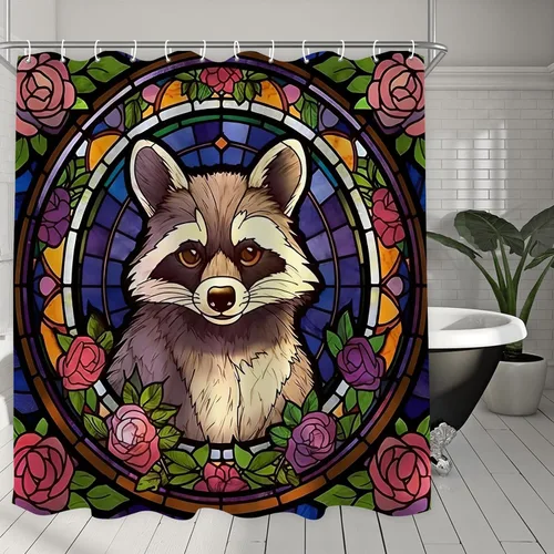 Miniatura 6 de YLATY4413 - Cortina de ducha de mapache para baño, diseño de hojas de flores, arte de cristal, bohemio, tela abstracta, moderna, impermeable