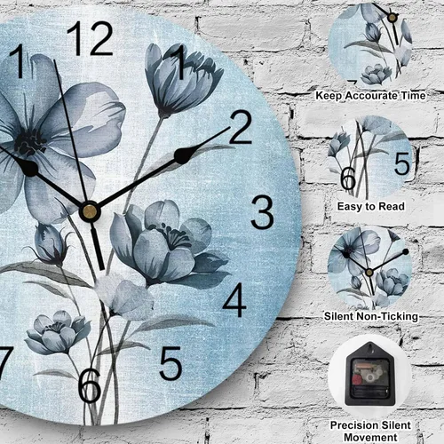 Miniatura 9 de Reloj de pared de flores azules, 10 pulgadas, silencioso, sin tictac, estilo retro, funciona con pilas, elegante reloj floral degradado