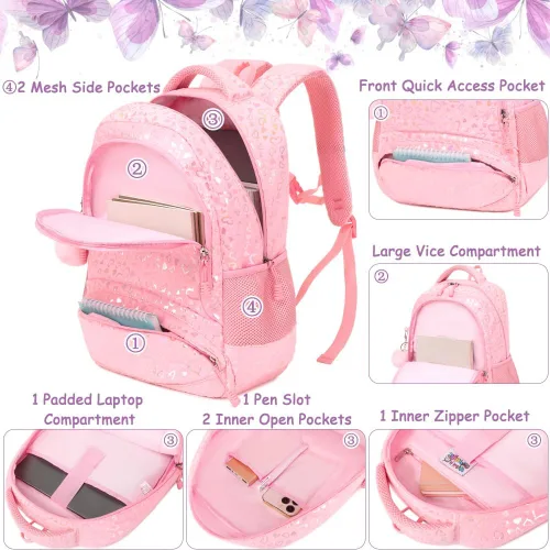 Miniatura 55 de Juego de mochila para niñas y adolescentes, mochila escolar para niños con bolsa para el almuerzo, estuche para lápices, mochilas escolares