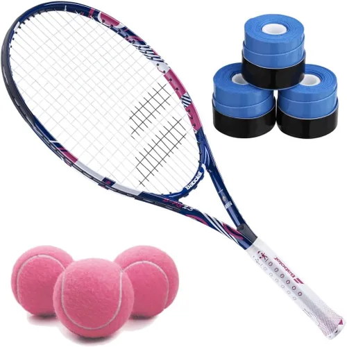 Babolat B'Fly - Raqueta de tenis con 3 overgrips y 3 pelotas de tenis rosas Overgrip azul