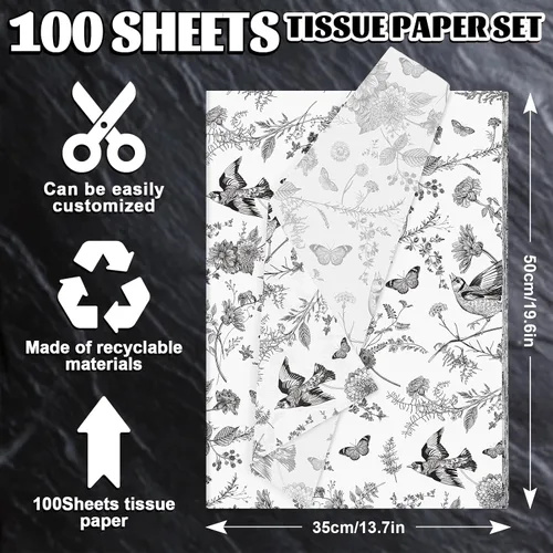 Miniatura 2 de Whaline 100 hojas de papel de seda floral negro vintage chinoiserie Toile flor pájaro mariposa papel de regalo para bricolaje, manualidades