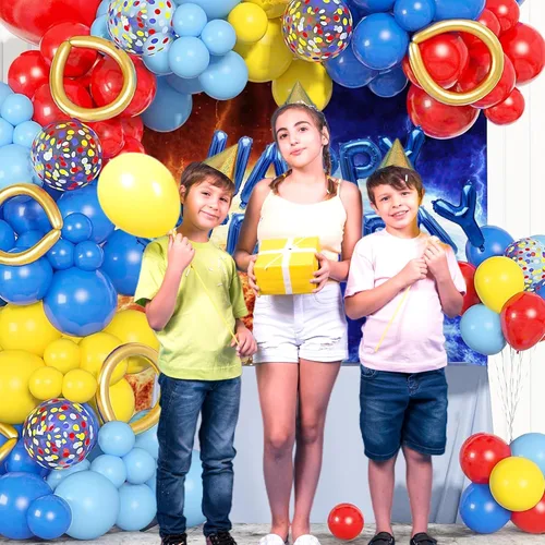 Miniatura 7 de Kit de arco de guirnalda de globos amarillos, azules y rojos, globos de látex metálicos de confeti para niños, globos de aluminio, globos de látex