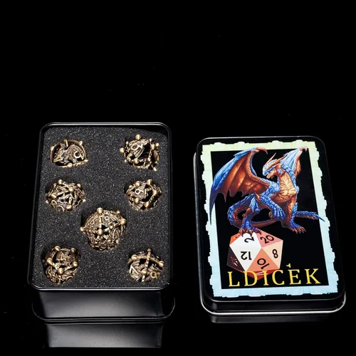 Miniatura 6 de Juego de dados DND de metal con caja, 7 dados huecos D&D, juego de dados poliédricos de cobre para Dungeons and Dragons Steampunk Poliédricos