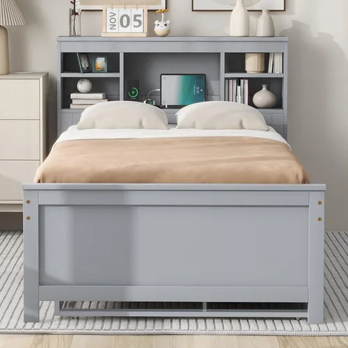 Miniatura 3 de Cama de plataforma de tamaño individual con cabecera de almacenamiento, cama nido individual y estación de carga, cama capitanes de madera de pino