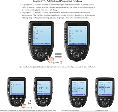 Miniatura 9 de Godox Disparador de flash inalámbrico XPro-C TTL para cámara Canon, sistema inalámbrico 2.4G X, diseño inclinado de pantalla grande HSS 1/8000s, 5