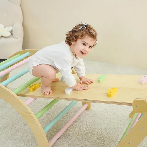 Miniatura 4 de Juego de triángulos grandes de Pikler, escalador de madera plegable 7 en 1 con arco, rampa y escalera, gimnasio Montessori para interiores y centro