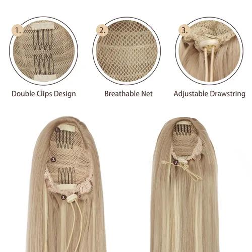 Miniatura 3 de BARSDAR Extensión de cola de caballo corta y recta - Extensiones de pelo con cordón de 16 pulgadas, rubio para mujeres - Extensiones de pelo Rubio