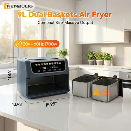 Miniatura 9 de NEWBULIG Freidora de aire doble con 2 cestas de 9.5 cuartos de galón, freidoras de aire grandes 10 en 1 con placa de cerámica para cocinar, cocinar