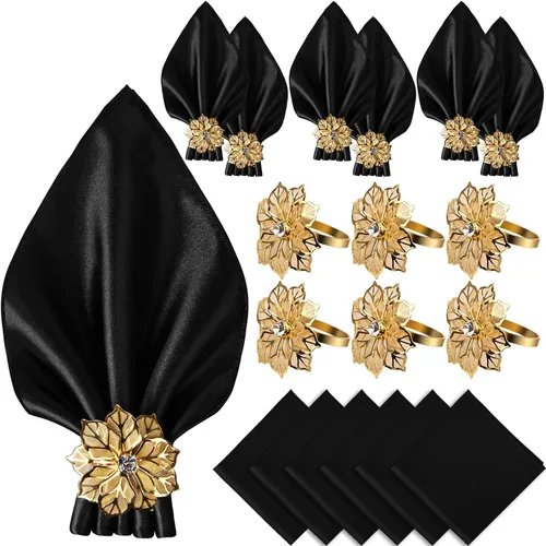 VIJIV Juego de 12 servilletas de tela y juego de 6 anillos para servilletas dorados, 17x17 servilletas de cena de satén cuadradas con flores