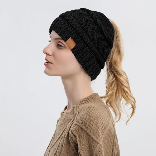 Miniatura 3 de Rosoz 1&2 Packs Ponytail Beanie for Women,Winter Warm Beanie Tail Soft Stretch Cable Knit Messy High Bun Hat