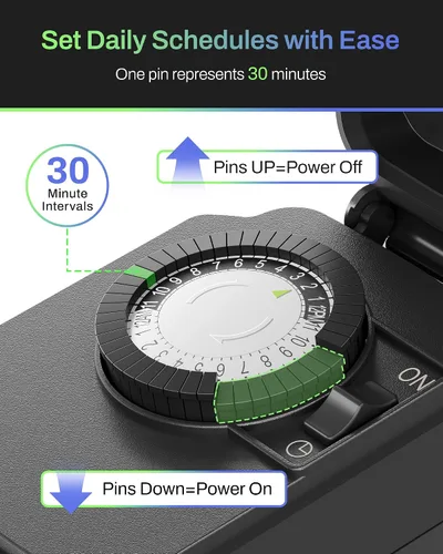 Miniatura 3 de BN-LINK Temporizador de luz mecánico para exteriores de 24 horas, impermeable, resistente, 15 A 1/2 HP, 1 toma de temporizador con conexión a tierra
