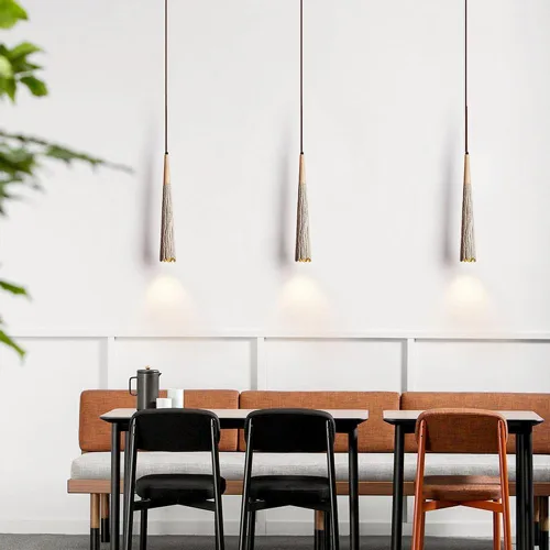 Miniatura 7 de Lámpara colgante de hormigón de estilo japonés, cable ajustable, lámpara colgante de cemento en forma de cono de isla de cocina con acento de madera