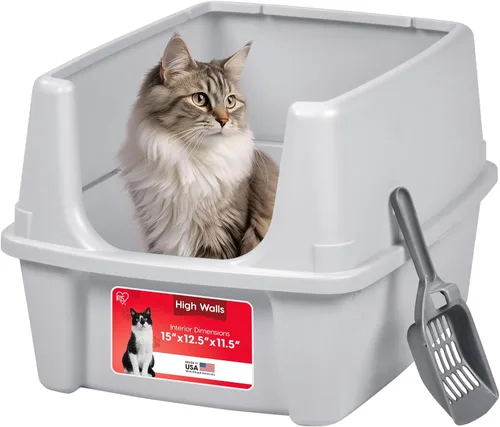 Miniatura 11 de IRIS USA - 2 Pack Caja de arena para gatos grande de tapa abierta con lados altos, escudo antidesperdicio y pala, color negro, para gatos