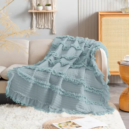 Miniatura 7 de Manta acolchada ultra suave y prelavada de tamaño individual color amarillo bohemio para cama, manta decorativa con flecos con volantes, manta