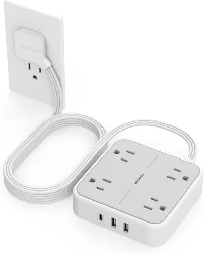 Miniatura 9 de TESSAN – Cable de extensión plano con protector de sobretensión de 10 pies, regleta de alimentación de enchufe plano con 4 salidas y 3 puertos USB