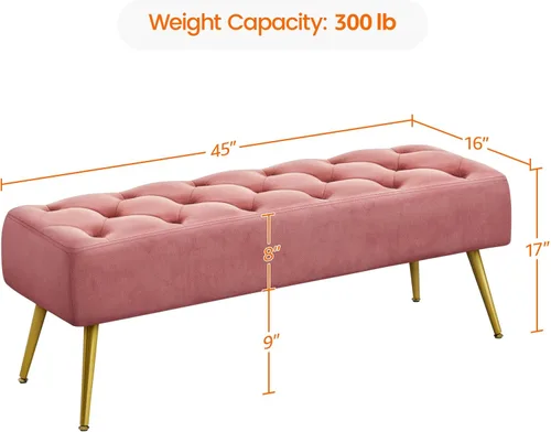 Miniatura 3 de Yaheetech Banco Otomano Moderno de Terciopelo Banco Tapizado Reposapiés para Sala de Estar con Patas de Metal Dorado y Asiento Acolchado Rosa