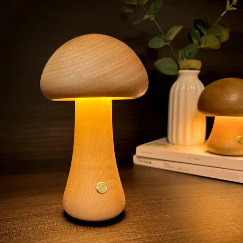 Miniatura 8 de Lámpara única pequeña de madera con forma de hongos, decoración de setas, lámpara de noche, lámpara de hongo recargable para decoración del hogar