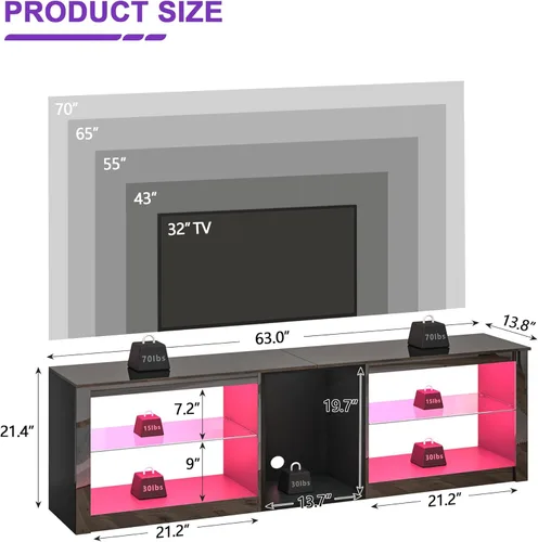 Miniatura 6 de Clikuutory Moderno soporte de TV de 63 pulgadas con luces LED para televisores de 50, 55, 60, 65, 70, 75 pulgadas, centro de entretenimiento de alto
