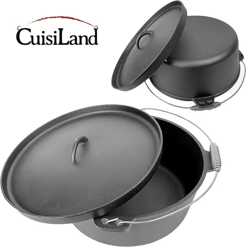 Miniatura 6 de Cuisiland Horno holandés de hierro fundido de 12 cuartos de galón con tapa de labio y asa de fianza – Olla grande pre-sazonada para cocinar al aire