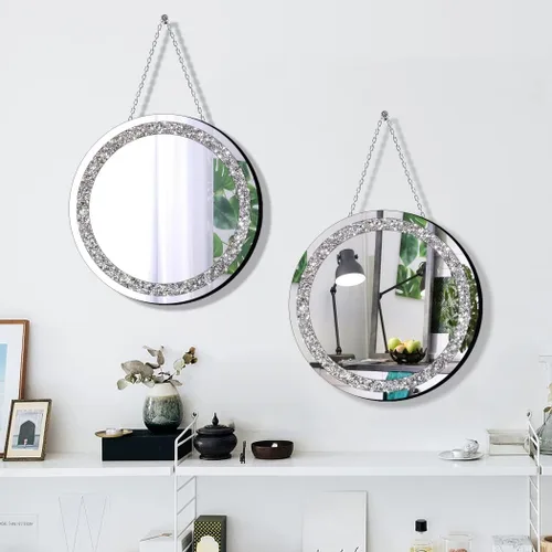 Miniatura 5 de QMDECOR Juego de 2 espejos plateados de cristal estrellado con diamantes, forma redonda, diámetro de 12 pulgadas con cadena de hierro, espejo