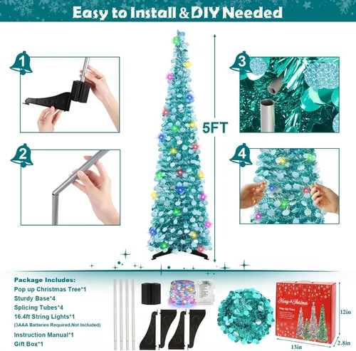 Miniatura 4 de MACTING Árbol de Navidad desplegable con 50 luces LED con temporizador, 5 pies, árbol de lápiz de oropel plegable de fácil montaje, árbol artificial