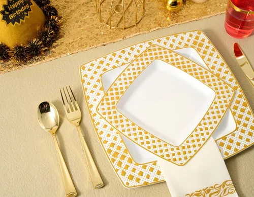 Miniatura 4 de FOCUSLINE Juego de vajilla dorada de 175 piezas para 25 invitados - Platos cuadrados de plástico con borde de diamante, incluye 25 platos Placas