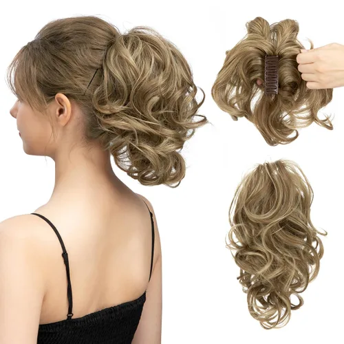 Miniatura 17 de CJL HAIR - Extensiones de cabello con pinza de garra para cola de caballo corta, trenza desordenada, sintéticas, maleables, para mujeres, cabello