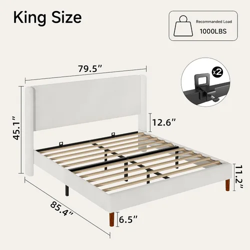 Miniatura 2 de Marco de cama Full Boucle, cama de plataforma con cabecera tapizada con respaldo de ala, fuerte soporte de listones de madera, sin ruido, no Beige