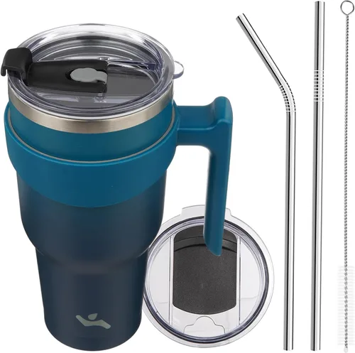 Miniatura 56 de Konokyo - Vaso de 10 onzas con asa y 2 popotes, 2 tapas, botella de agua aislada de acero inoxidable, taza de viaje reutilizable, color verde militar