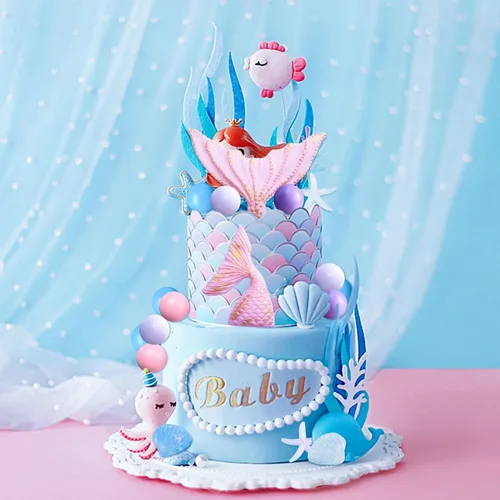 Miniatura 7 de JeVenis Decoración de pastel de sirenita rosa púrpura bajo el mar, decoración de tarta de cola de sirena de conchas marinas, suministros de fiesta