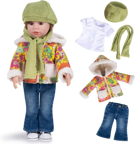 Miniatura 10 de Rakki Dolli Conjunto de Ropa para Muñeca de 18 Pulgadas de 5 Piezas, Conjunto de Abrigo de Invierno Color Mostaza de Moda, Incluye Abrigo Abrigado