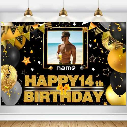 Miniatura 9 de Cartel personalizado de decoración de cumpleaños con temática de baloncesto de 14 años, pancarta de tela personalizada para suministros de fiesta
