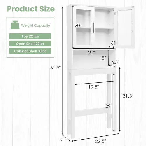 Miniatura 2 de Armario sobre el inodoro, organizador de almacenamiento de baño con puertas de vidrio templado dobles y estante ajustable, estante de inodoro