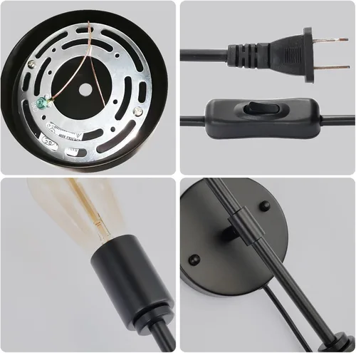 Miniatura 8 de Lámparas de tocador de baño negras de 2 luces, modernas lámparas de pared industriales con cable de interruptor de encendido/apagado, juego de dos
