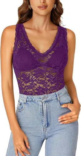 Miniatura 16 de Rooscier - Blusa sin mangas para mujer, con encaje floral, cuello en V, con volantes, transparente, sin sujetador