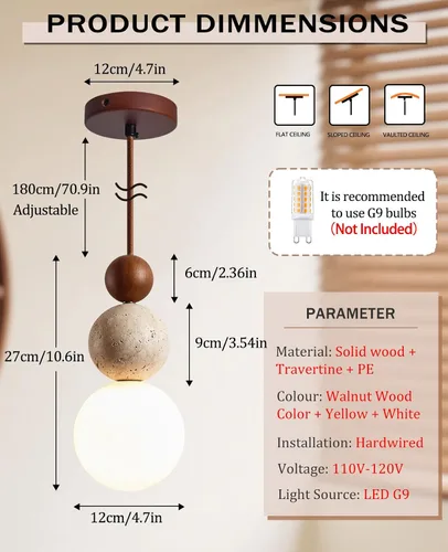 Miniatura 4 de Lámpara colgante de travertino amarillo natural, 10.6 pulgadas de alto, moderna lámpara colgante Wabi Sabi con 3 esferas de materiales diferentes