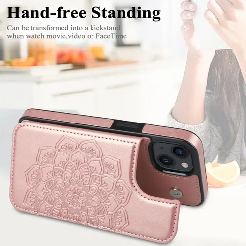 Miniatura 4 de MMHUO Funda para iPhone 14 con tarjetero y parte trasera magnética de flores para iPhone 14, funda protectora para iPhone 14, color oro rosa