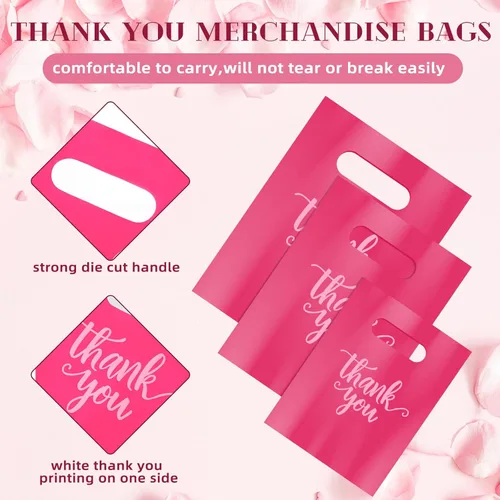 Miniatura 3 de Eersida 200 bolsas de plástico rosadas con asas troqueladas, bolsas de plástico para mercancías para compras, paquete de compras al por menor