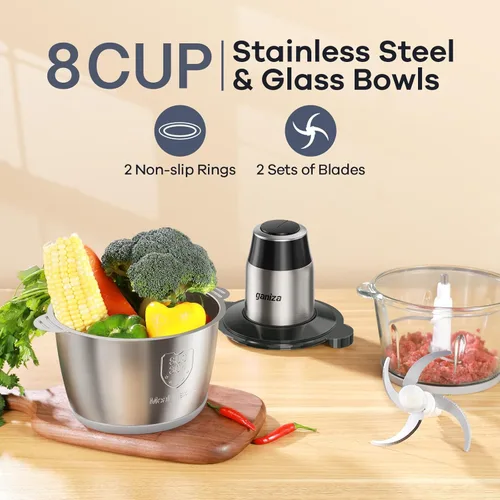 Miniatura 3 de GANIZA Procesadores de alimentos, picadora eléctrica de alimentos con picadora de carne y picadora de verduras, 2 cuencos (8 tazas+8 tazas) con Negro