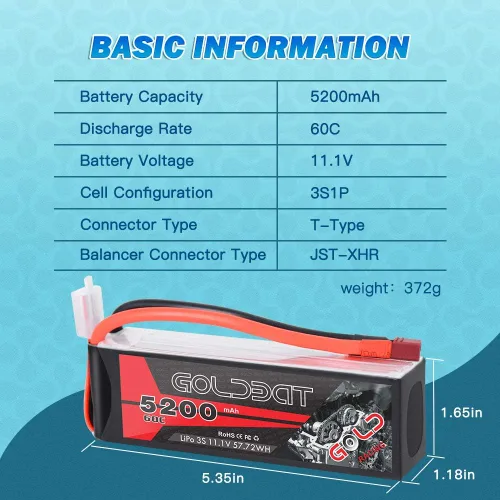 Miniatura 2 de GOLDBAT 5200mAh 60C 11.1V 3S Lipo RC Batería corta con conector T Softcase Pack para RC Car Truck Quadcopter Avión Helicóptero Barco
