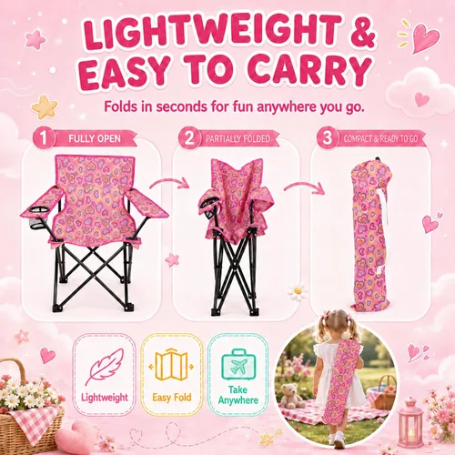 Miniatura 4 de Emily Rose Silla de playa plegable para niños con soporte para tazas, bloqueo de seguridad y estuche de transporte a juego (corazones juguetones)