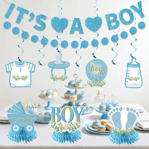 Miniatura 3 de Decoraciones de baby shower para niño, 9 piezas de pancarta de revelación de género de niño con purpurina azul claro, centro de mesa, juego